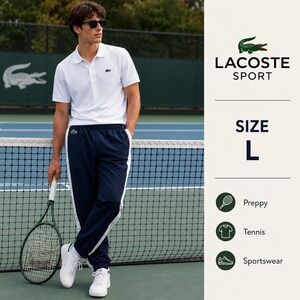 Lacoste Sport Track Pants Mens L Navy Blue White Stripe Athletic Joggers Tennis